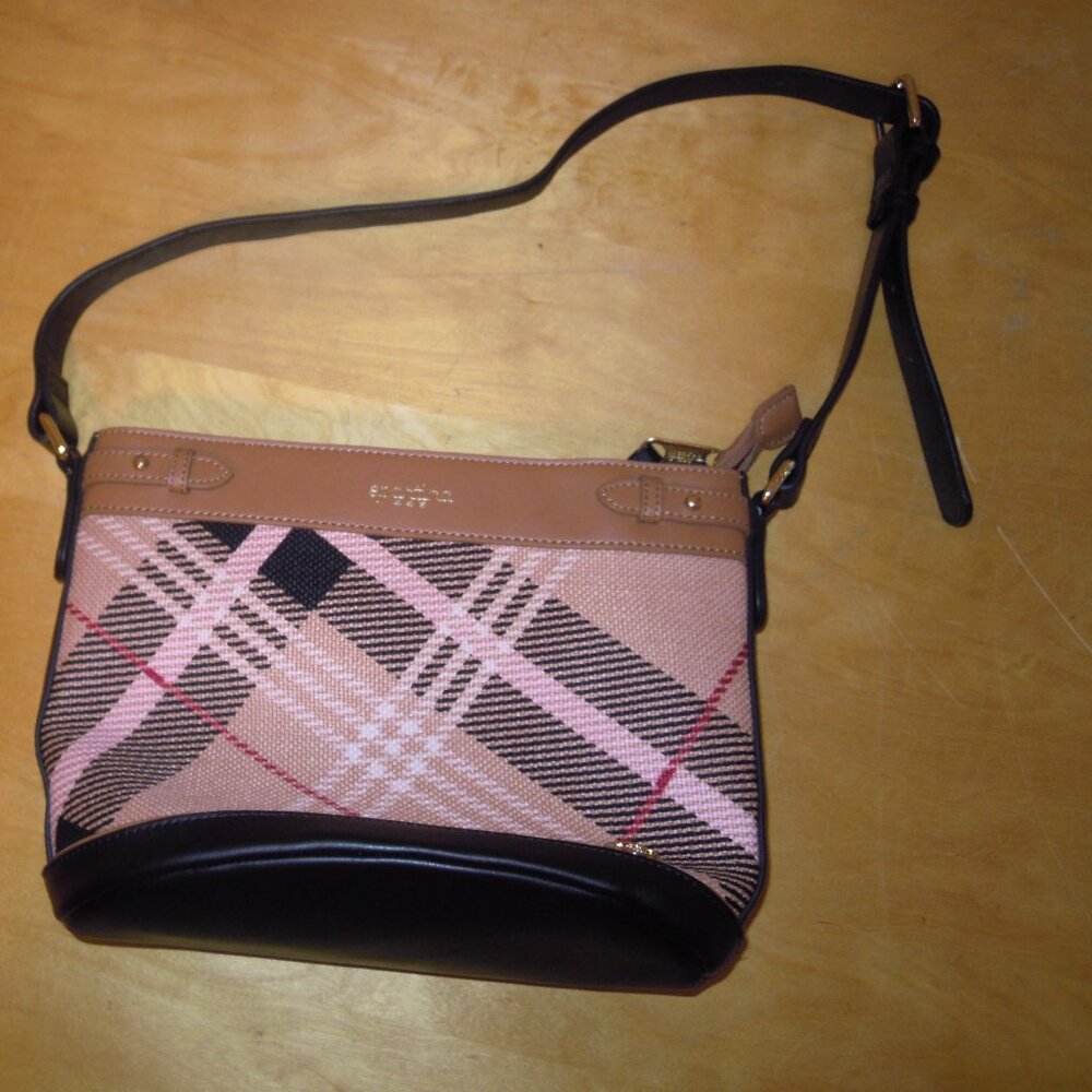 Spartina Pink & Black Plaid check Shoulder Hand Bag Purse Leather Linen NWT USA
